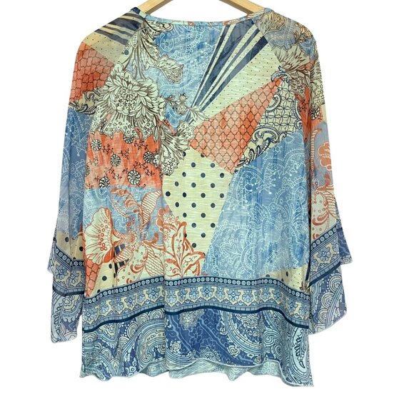Chicos Boho Kimono Sleeve Top Womens Size 3 Blue Mix Print Lightweight Ethereal - Picture 6 of 12